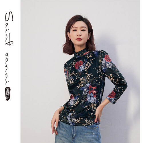 圣轩尼墨绿色红花半高领丝绒春秋
