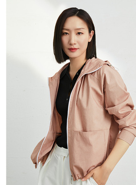 圣轩尼新款春夏温柔优雅活力拉链中款连帽粉色风衣P830