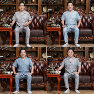 夏装 胖子爸爸睡衣男夏加大码 中老年男装 开衫 薄 特大号爷爷纯棉短袖