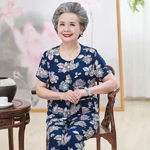 短裤 短袖 中老年T恤睡衣女婆婆纯棉绸家居服 妈妈透气吸汗薄款 夏季