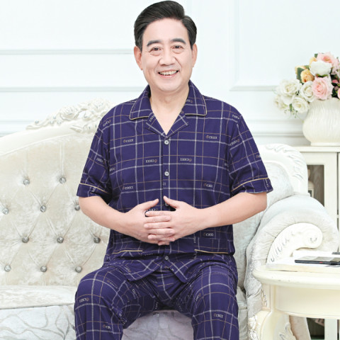 5060岁爸爸短袖长裤睡衣男夏季中老年开衫男装夏装父亲纯棉格子衫