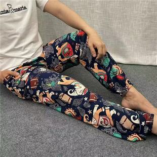 男夏纯棉绸父亲束口小脚家居裤 中老年人造棉睡裤 外穿 灯笼裤 爸爸装