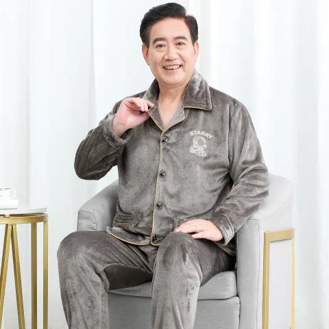 老年人秋冬加厚睡衣男法兰绒大码