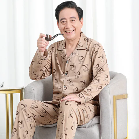 春秋季爸爸纯棉长袖长裤睡衣男装