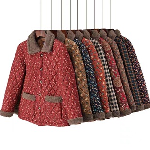 冬季妈妈装碎花棉袄舒适婆婆三层加厚驼绒外套老年人保暖女装棉衣