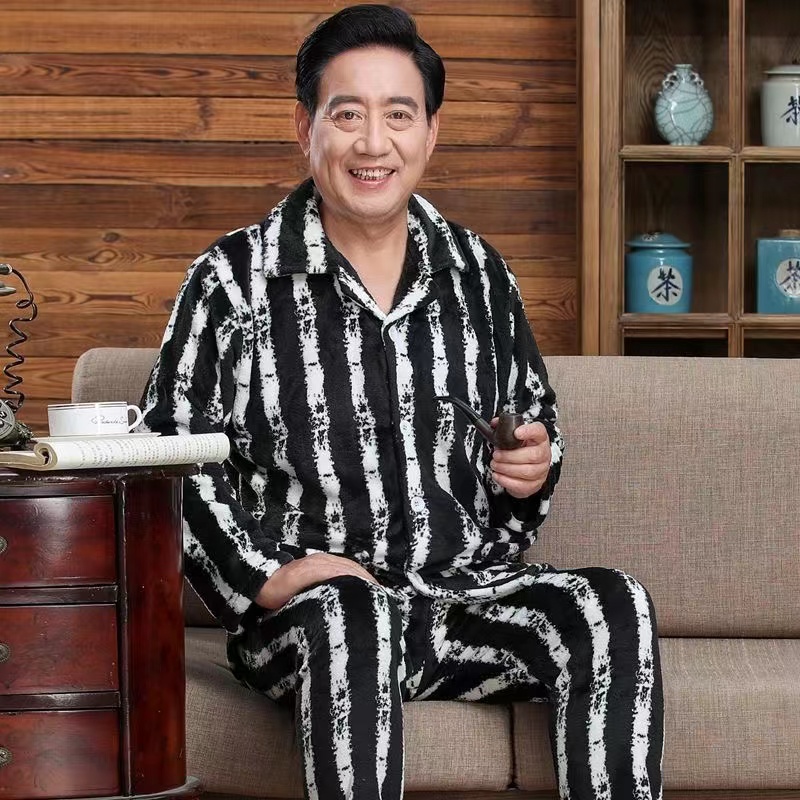爷爷冬天法兰绒睡衣男中老年保暖家居服爸爸珊瑚绒上衣加裤子套装