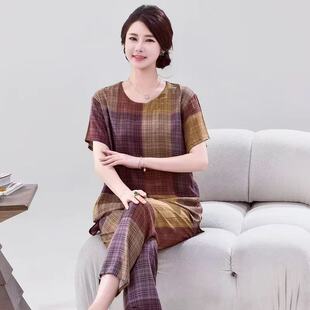 夏季中老年宽松短袖七分裤睡衣女纯棉绸婆婆时尚衣服妈妈t恤女装