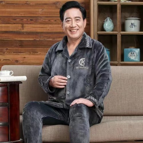 爷爷冬天珊瑚绒睡衣男宽松大码200斤老人爸爸装加厚保暖居家外套