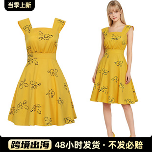 方领大摆印花连衣裙爱乐之城女主同款影视演出服装万圣节派对舞会