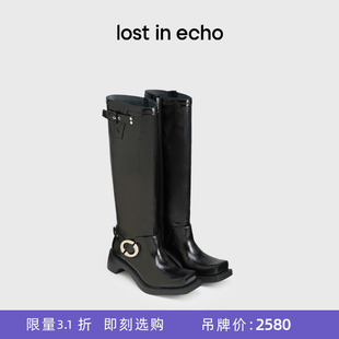 echo时尚 lost 牛皮异形翘方头宽筒直筒机车靴子长筒靴 断码