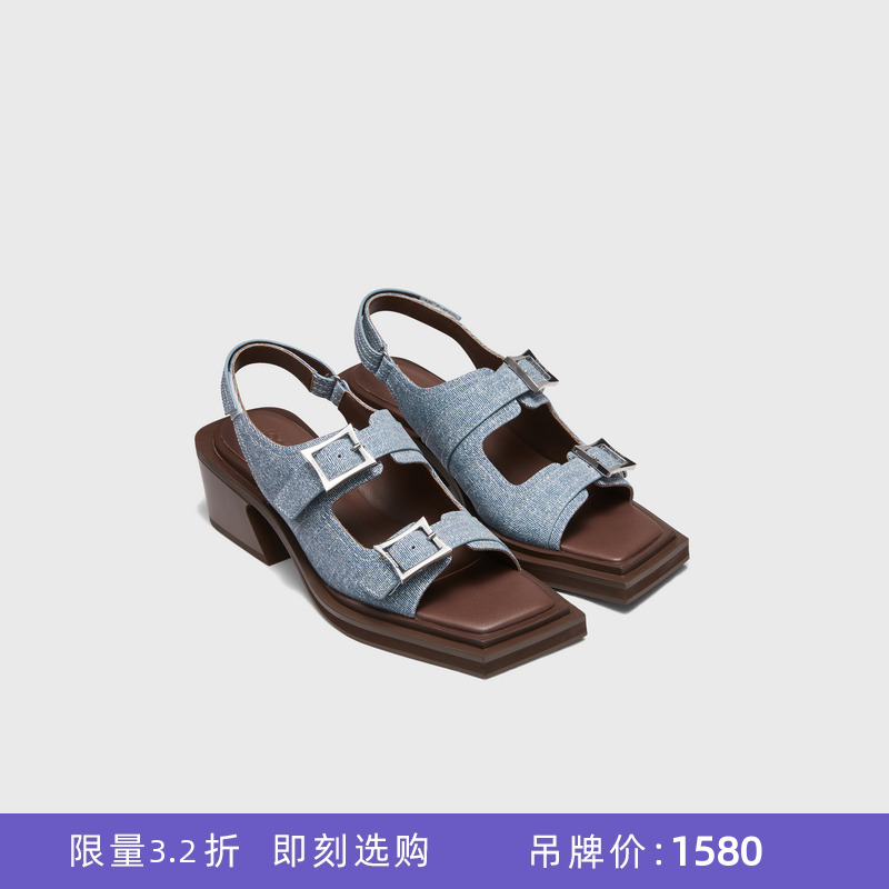 [断码]lost in echo春夏设计师品牌方头线迹双扣带斜粗跟凉鞋