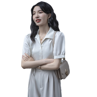 法式高级感上衣V领白色短袖衬衫女夏季新款翻领雪纺衫小个子衬衣