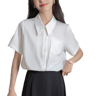 夏季新款正肩简约白色衬衫女短袖翻领通勤职业气质显瘦醋酸上衣