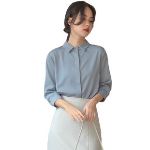 蓝色七分袖职业白衬衫女士秋装面试缎面衬衣短袖气质半袖正装上衣