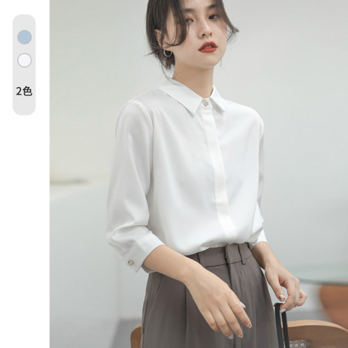 七分袖缎面女士早秋白衬衫休闲