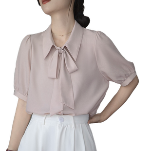 蝴蝶结衬衫女通勤气质雪纺衬衣夏季短袖小个子粉色职业泡泡袖上衣