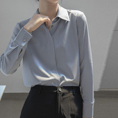 别致高级感抗皱内搭轻熟职业正装 蓝色缎面衬衫 法式 上衣秋装 女长袖