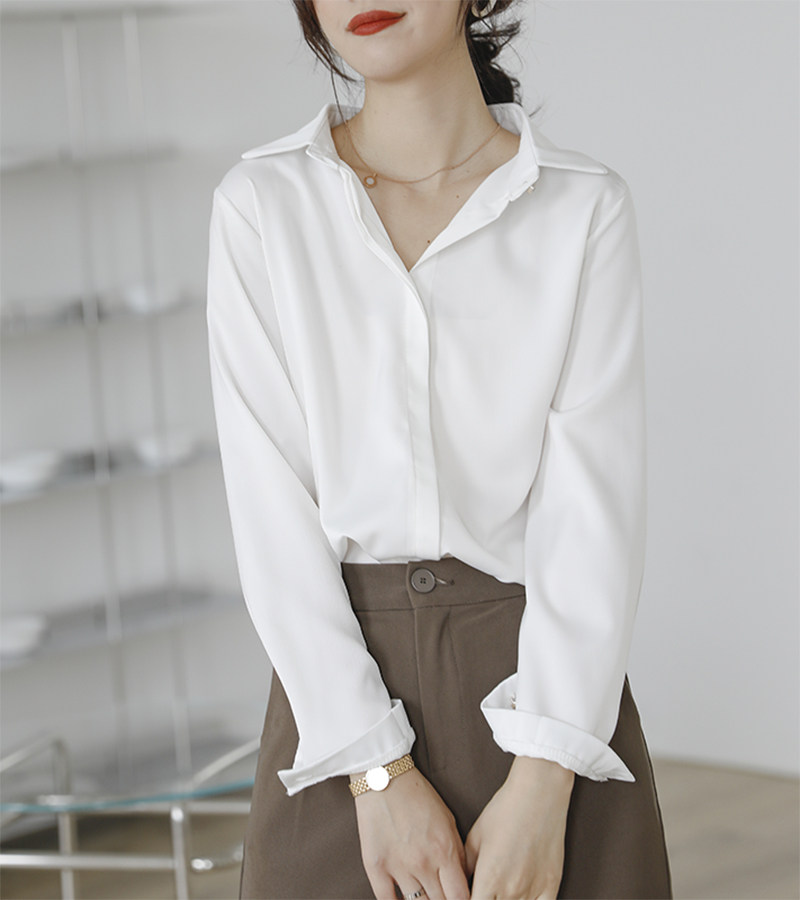 2020新款秋装上衣女缎面长袖衬衫女气质百搭工作服正装ol白色衬衣