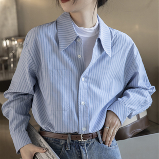 内搭法式 女长袖 休闲上衣 蓝色条纹衬衫 设计感宽松衬衣2025秋冬新款