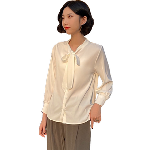 2026新款蝴蝶结系带白色雪纺衬衫女灯笼袖上衣职业气质长袖衬衣春