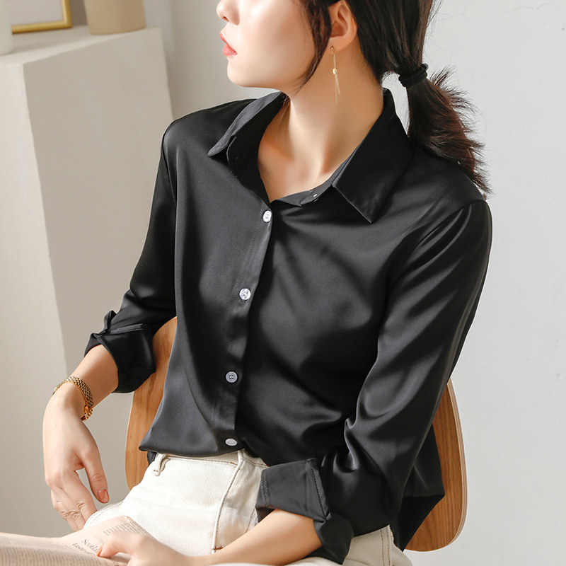黑色衬衫女设计感小众百搭气质衬衣春冷淡风丝光缎面休闲职业上衣
