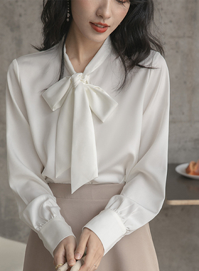 春装新款气质教师穿搭衬衫女长袖白色缎面衬衣飘带小个子工装上衣