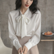 白色缎面衬衣飘带小个子工装 春装 女长袖 气质教师穿搭衬衫 上衣 新款