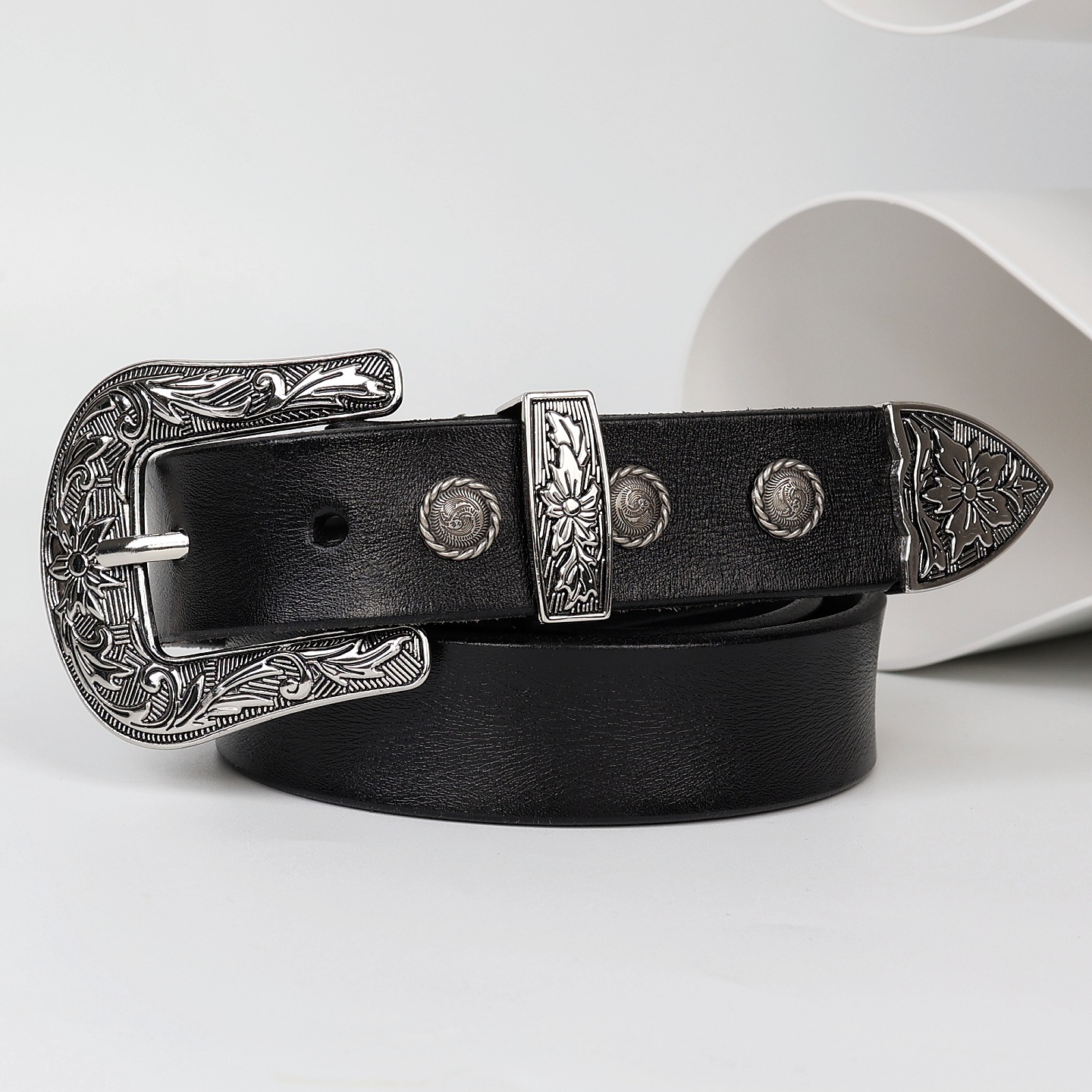 皮带复古唐草雕花真皮头层牛皮腰带配饰牛仔裤女士高级感皮带手工