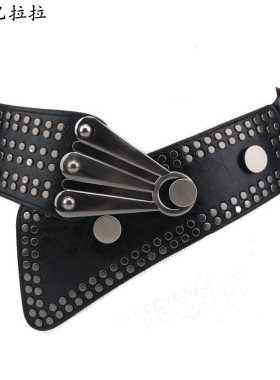 女士斜搭宽腰封圆扣时尚铆钉朋克风百搭宽皮带配大衣装饰腰带腰封
