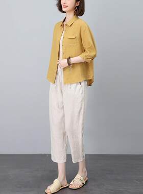 女新款减龄超火2026棉麻时尚中年春夏两件套妈妈休闲穿搭衬衫套装
