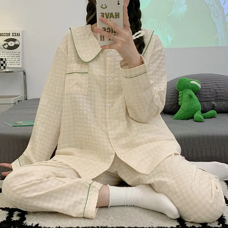 春秋睡衣女纯棉春季长袖卡通家居服女士翻领春款开衫女款套装批发