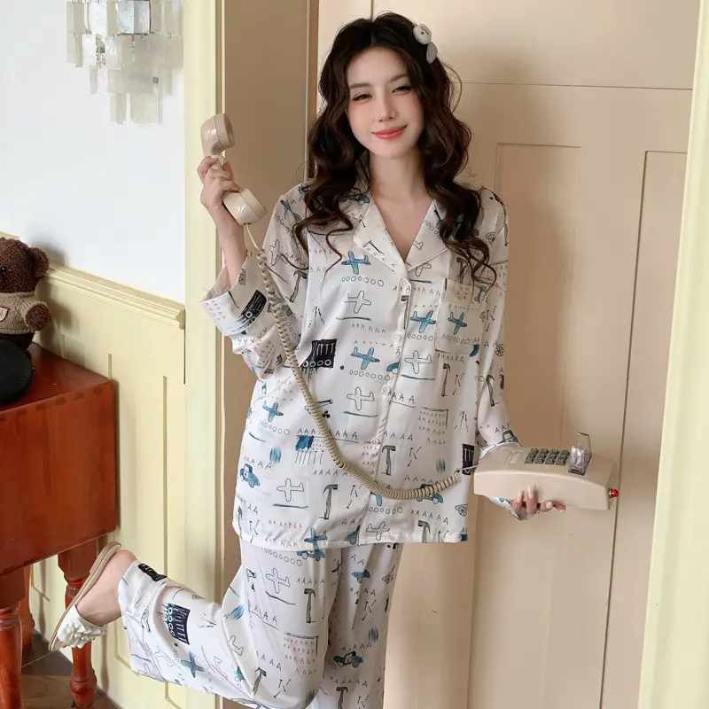 冰丝睡衣女春秋新款薄款长袖大码宽松两件套印花丝绸套装家居服