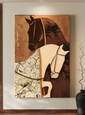 马到成功入户玄关挂画中古风客厅装饰画法式复古走廊过道壁画新款