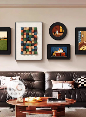 中古风客厅沙发背景墙装饰画复古多巴胺卡通组合壁画抽象卧室挂画