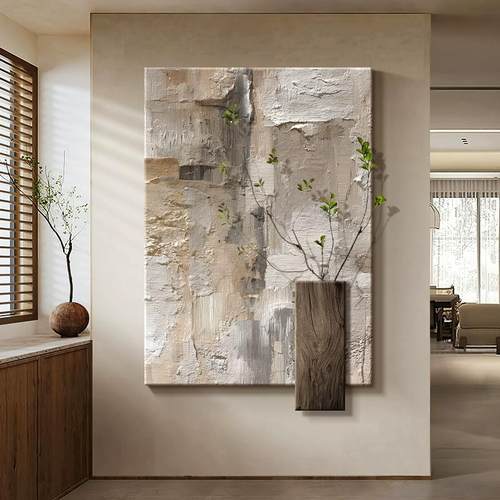 kc侘寂原木风入户玄关绿植装饰画