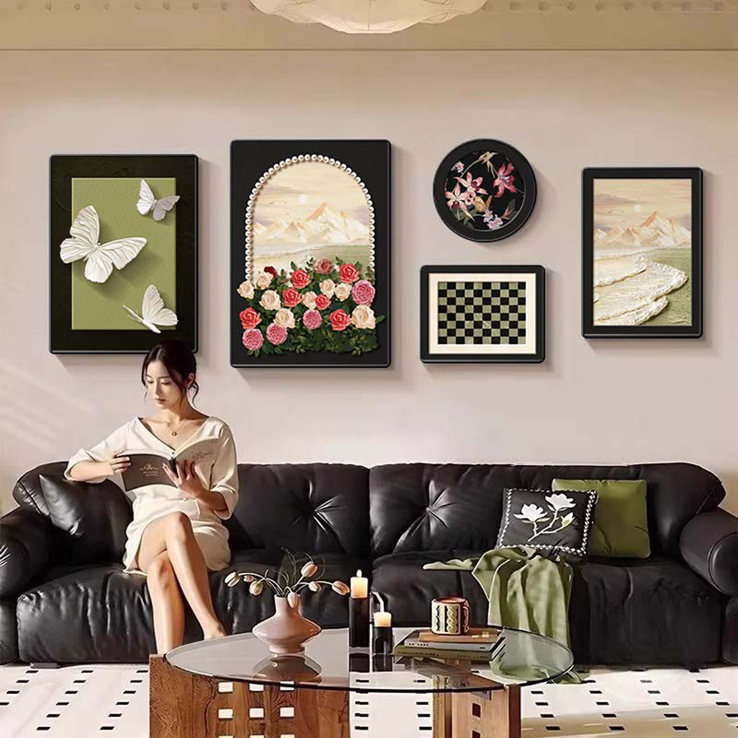 kc客厅中古风玫瑰肌理组合装饰画