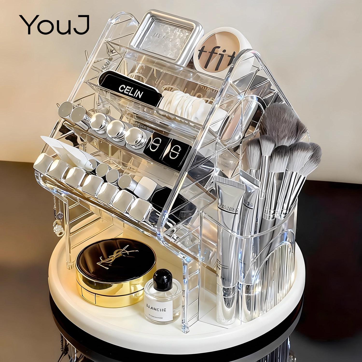 桌面化妆刷收纳盒可旋转高级感护肤品眉笔口红亚克力化妆品置物架,收纳整理,桌面收纳盒,淘宝优惠券,粉丝福利购,淘宝优惠卷