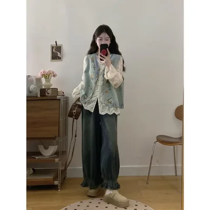 大码盐系穿搭套装女春季马甲休闲上衣胖MM显瘦牛仔半身裙子三件套