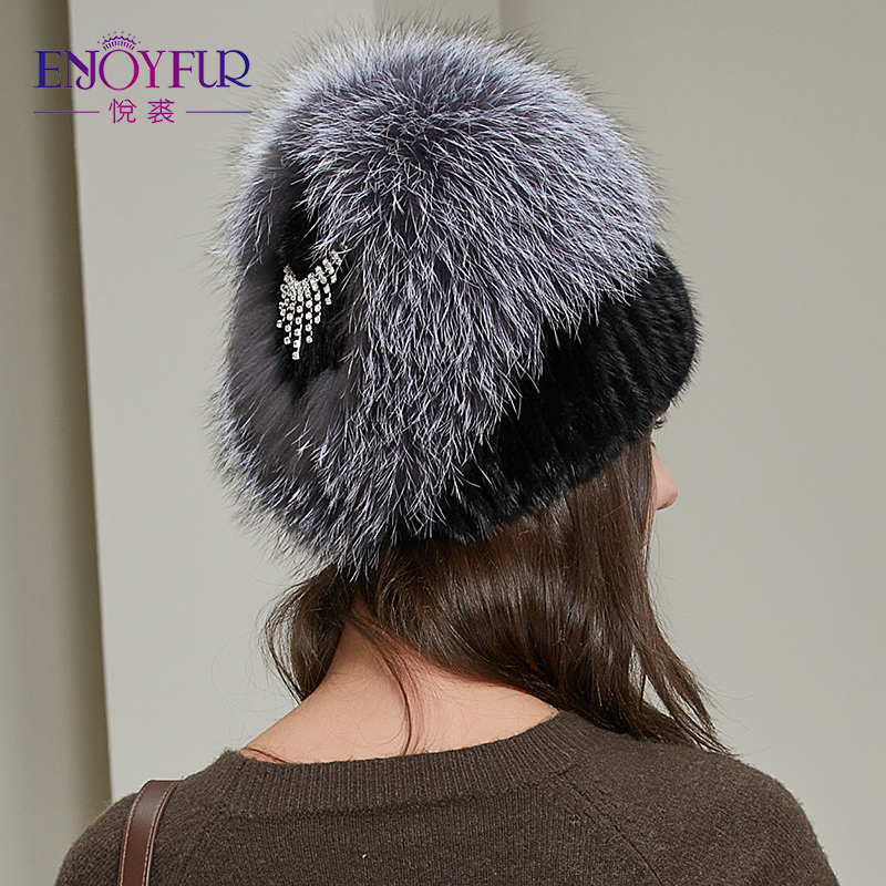 悦裘时尚针织水钻狐狸毛皮草帽子