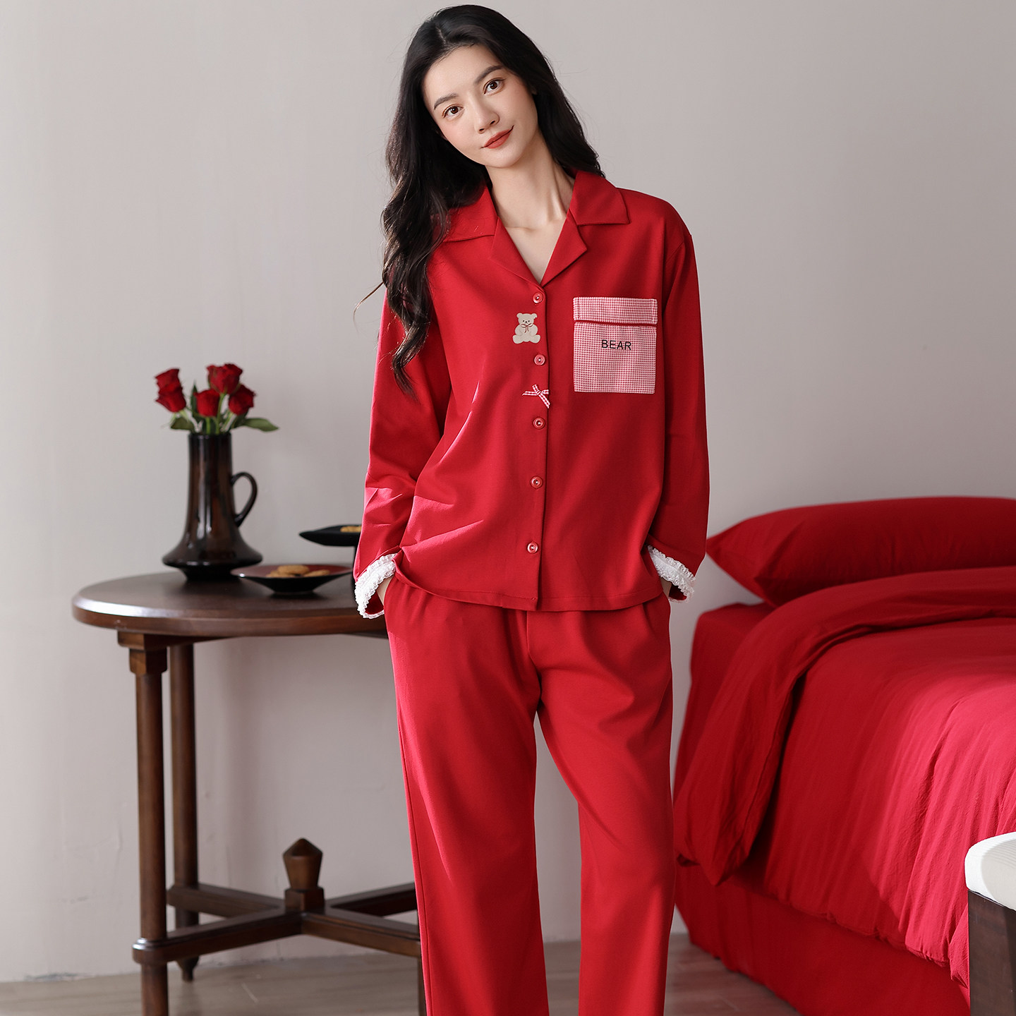睡衣女春秋款纯棉长袖大红色本命年结婚高级感薄款外穿家居服套装