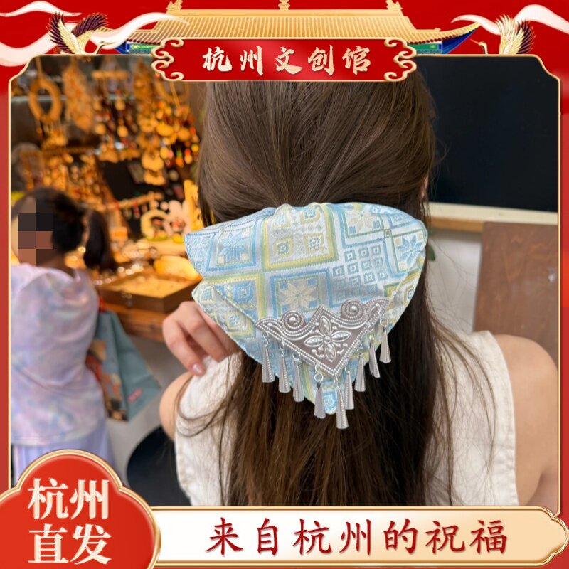 杭州正品步步生银非遗壮锦手工发圈女饰品国风苗银流苏文创发夹图片