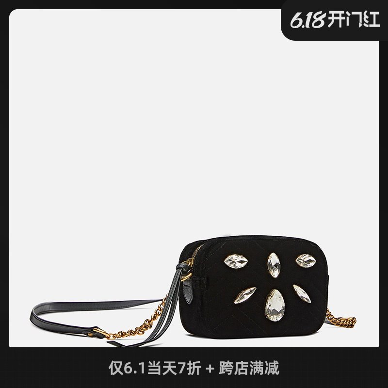 经典系列黑色天鹅绒单肩斜挎时尚丝绒水钻女包小腰包社交工具包