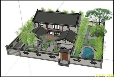 美丽新农村中式乡村风情三合院度假村别墅民宿住宅庭院建筑su模型