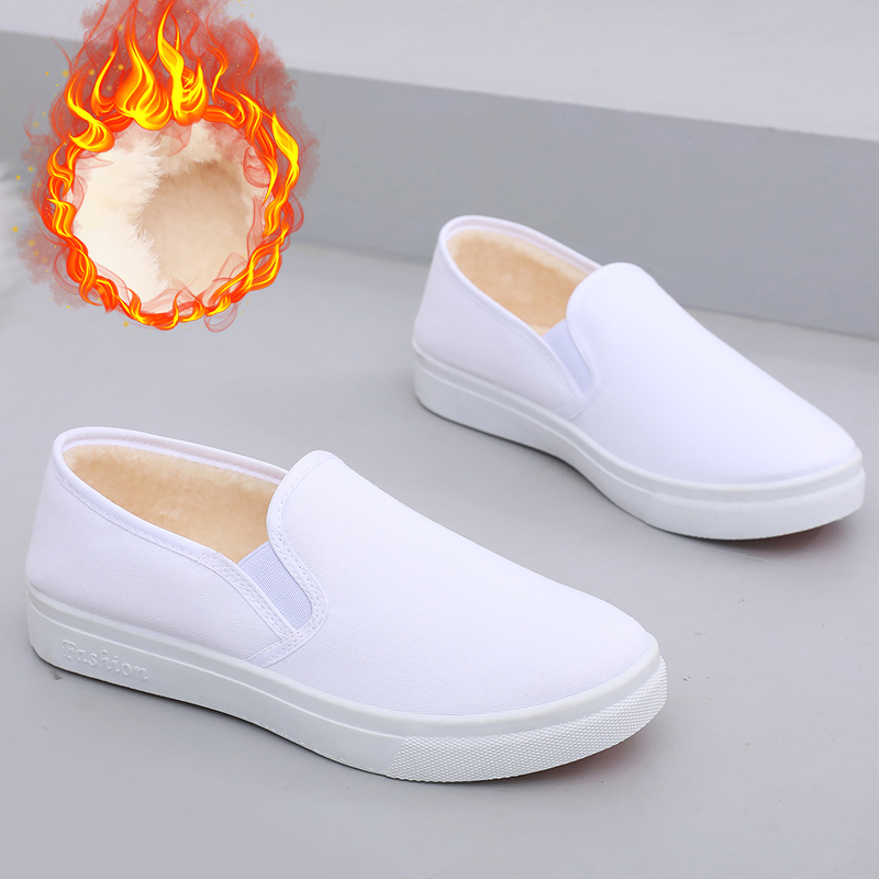 舒适保暖帆布鞋轻便防滑加绒棉鞋浅口软底黑色工厂男女工作鞋白鞋