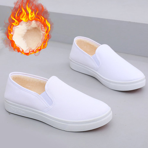 舒适保暖帆布鞋轻便防滑加绒棉鞋浅口软底黑色工厂男女工作鞋白鞋