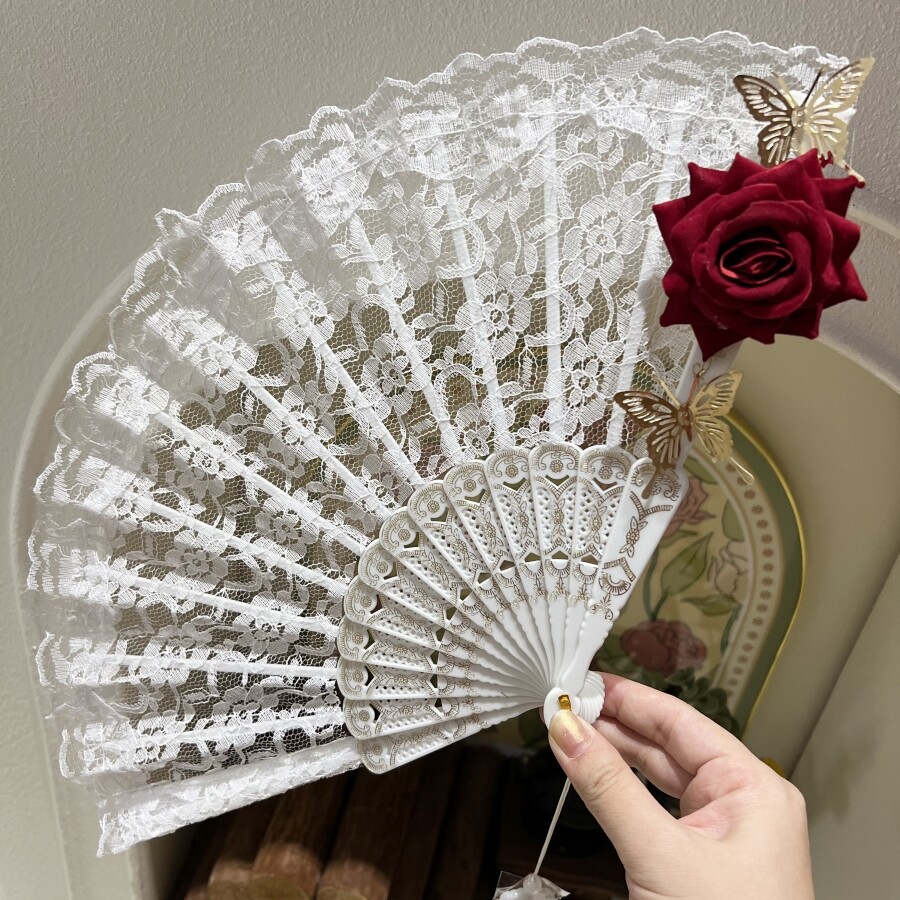 原创 cos扇子道具仙女女神蝴蝶白色蕾丝玫瑰花性感折扇汉服旗袍