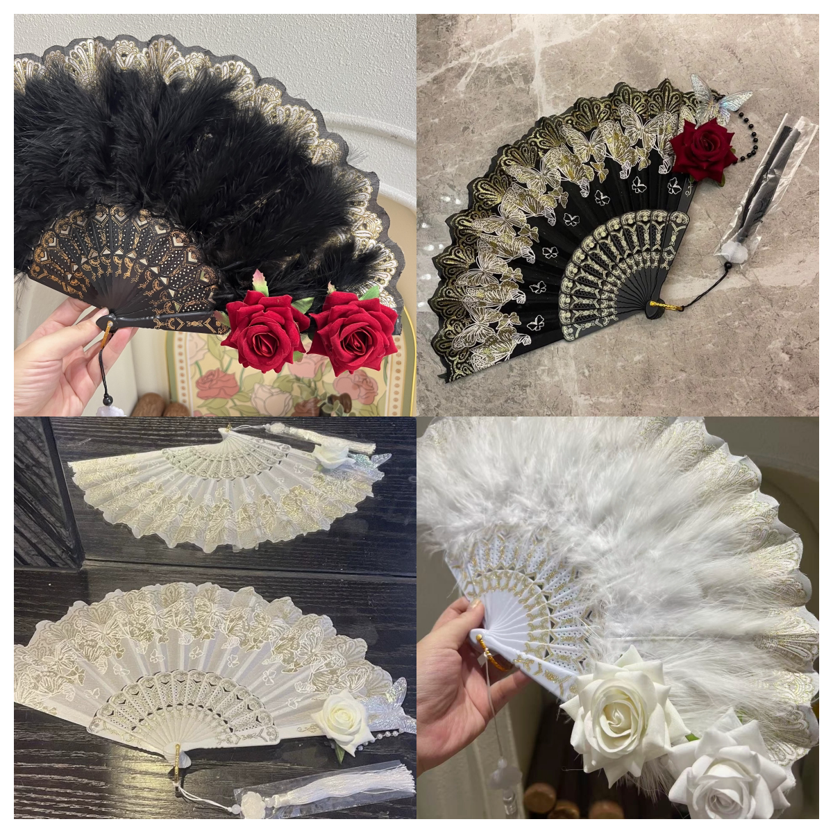 漫展宫廷精品夜上海优雅黑色羽毛扇玫瑰cos拍照 不能扇风旗袍走秀