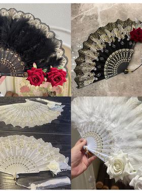漫展宫廷精品夜上海优雅黑色羽毛扇玫瑰cos拍照 不能扇风旗袍走秀