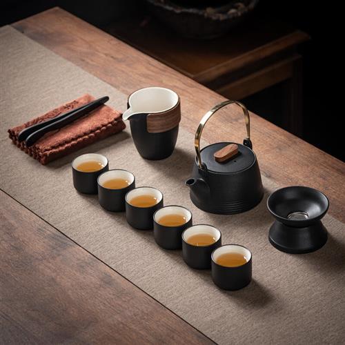 黑陶功夫茶具套装日式家用整套茶杯禅风盖碗办公茶盘粗陶瓷泡茶壶