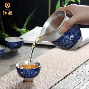 高档沐磁 家用纯 青花瓷整套中式 景德镇陶瓷功夫茶具鎏银茶具套装